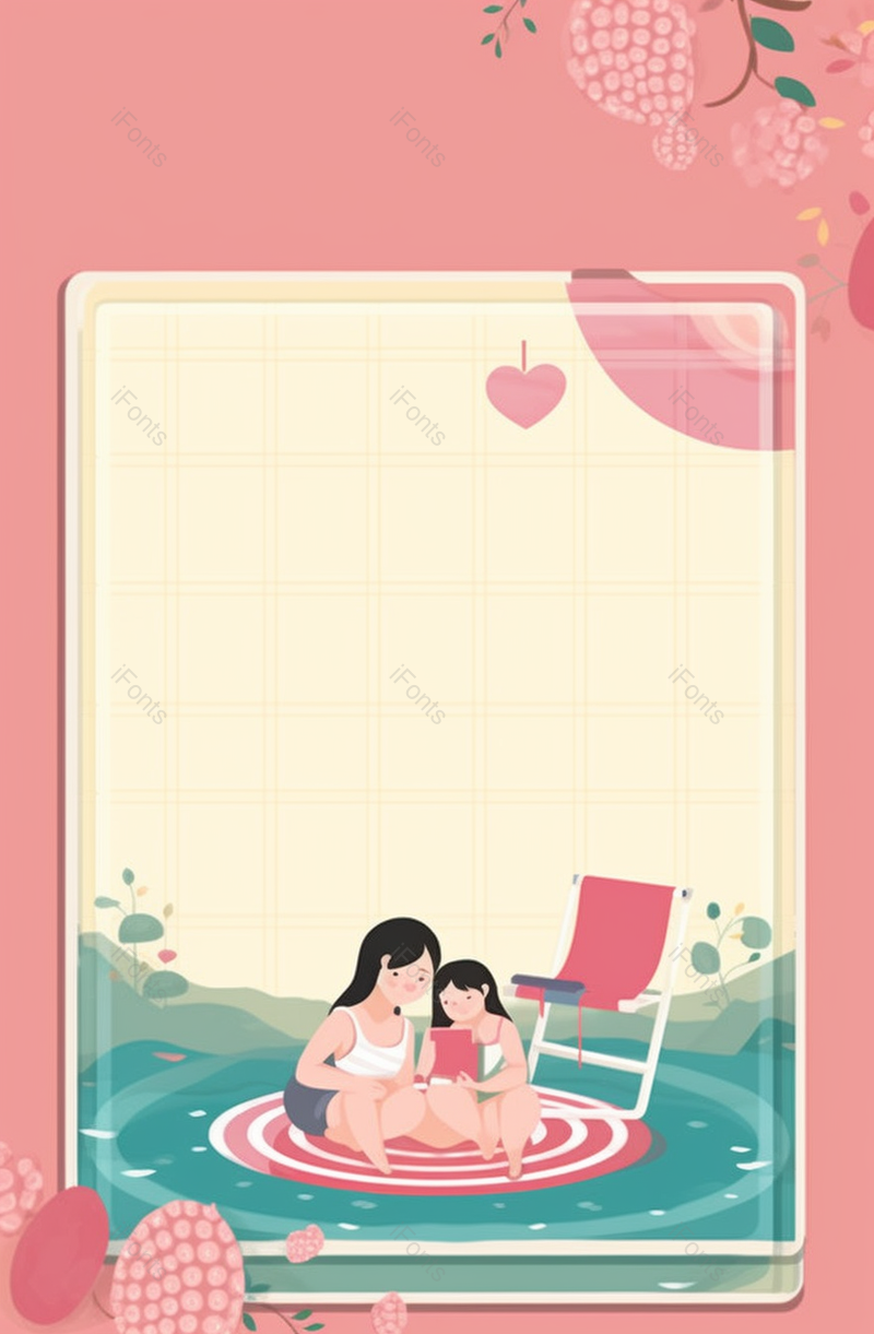 粉色系温馨母亲带孩子海边看书卡通背景图,插画/手绘图,插画/手绘图库,插画/手绘图下载,插画/手绘